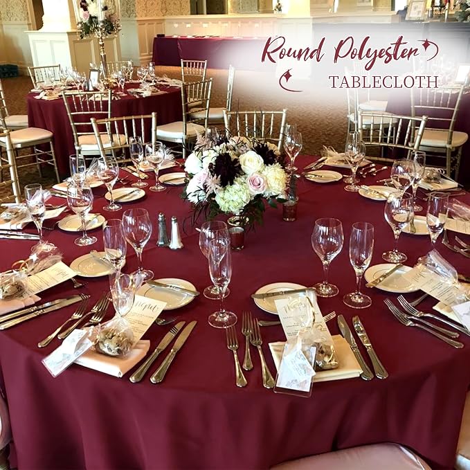 12 Pack Round Tablecloth 90 Inch - Burgundy Polyester TableCloth for Round Table, Premium Burgundy Tableclothes Washable Fabric Table Cover for Wedding Party Banquet Restaurant Reception Dining