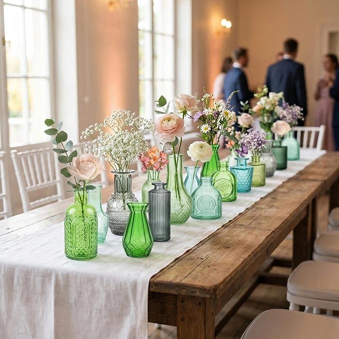 32 PCS Assorted Vintage Bud Vases, Colorful Glass Small Vases Bulk, for Centerpieces, Wedding Table Decor, Home Decorations & Gifts (Green Series)