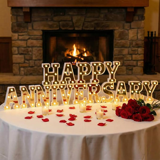 LED Happy Anniversary Sign Lights - Mirror Surface Marquee Letter Warm White Neon Light Decorations for Valentine's Day Work Wedding Romantic Celebration Party Wall Table Decor