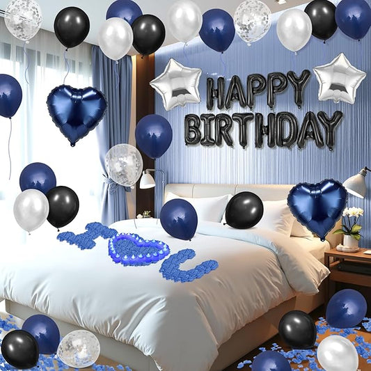 Blue Black Happy Birthday Balloons Decorations Navy Blue Black Birthday Balloon Letters Banner with Star Heart Balloons Artificial Rose Petals 24 Flameless LED Candles for Birthday Party Supplies