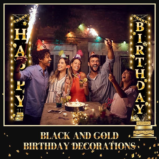 Breling Happy Birthday Banner with Lights 71 x 12 Inch LED Happy Birthday Decoration Door Banner Party Porch Sign Outdoor Indoor Hanging Supplies for Women Men(Black Gold)