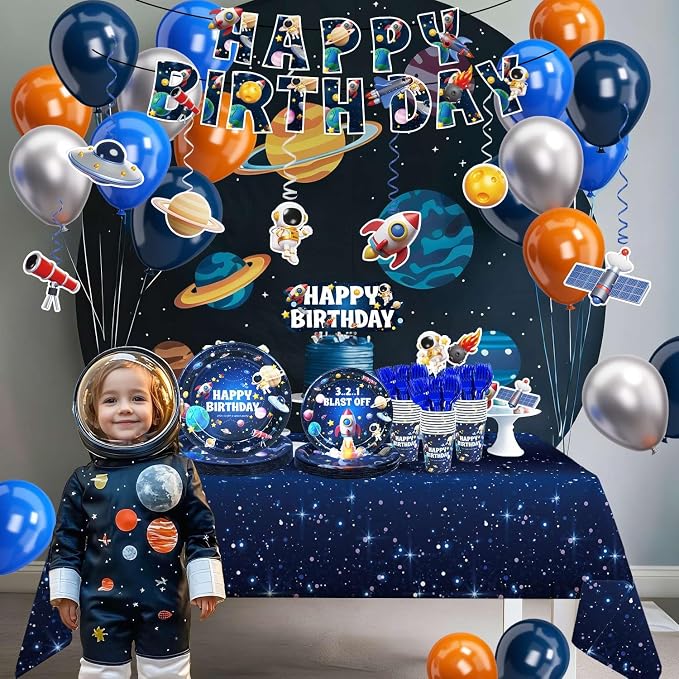 Space Themed Birthday Party Decorations Plates Set, All-In-One Outer Space Planet Party Plates Napkins Cups Forks Banner Hanging Swirls Cake Cupcake Toppers Tablecloth Balloons Kit