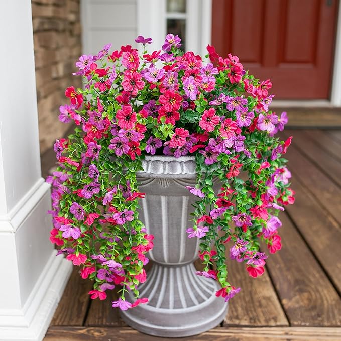 HyeFlora 2Pcs Artificial Flowers for Outdoors, Summer Fake Hanging Floral Decoration, Purple and Hotpink Lifelike Plants, UV & Fading Resistant Silk Flower for Enterwa Patio Balcony Front Yard
