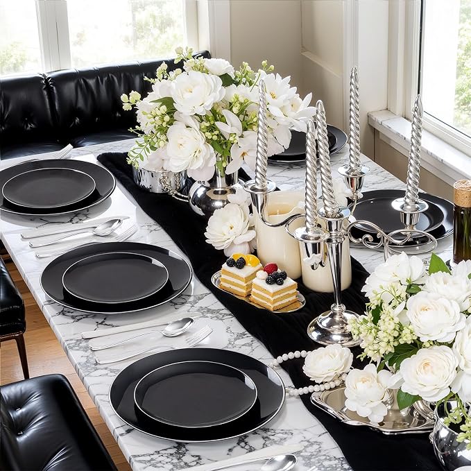 bUCLA 100PCS Black Plastic Plates - Heavy Duty Black Disposable with Silver Rim Include 50 Each (10 inch Dinner & 7 inch Dessert) Plates, Ideal for Party & Graduation