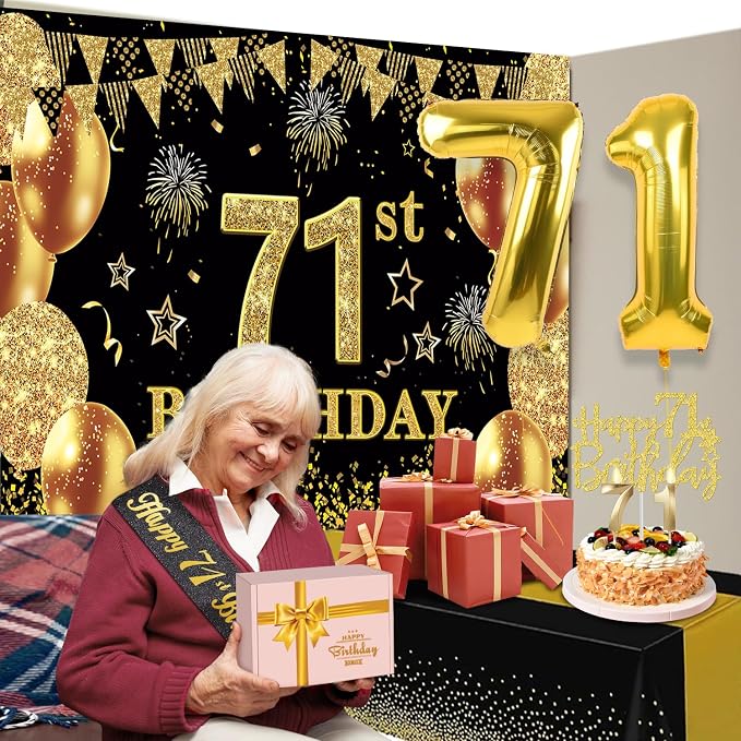 71st Birthday Decorations Men Women With 71st Birthday Banner, Black And Gold Table Cloth, Number Balloons, Sash, Cake Topper And Candles