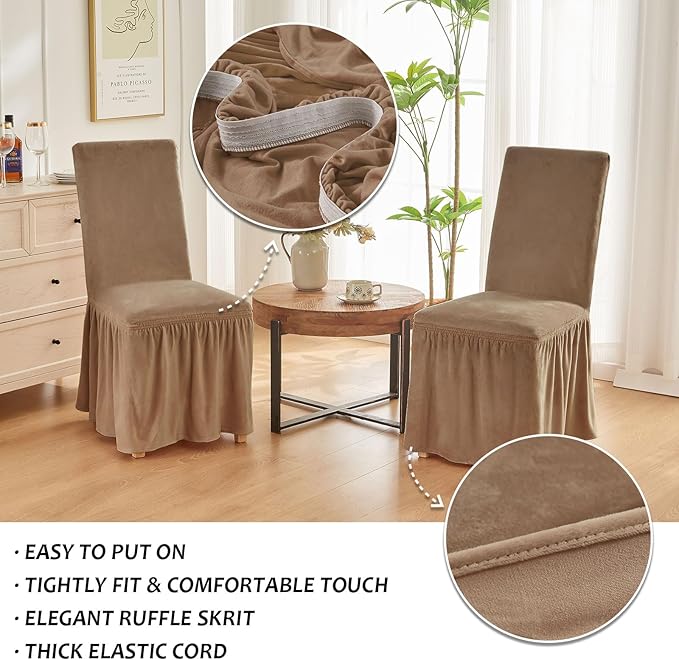 NICEEC Spandex Chair Covers for Dining Chairs Covers Set of 6 Removable Dining Room Chair Covers with Skirt Parson Chair Slipcovers Washable Chair Protector for Kitchen Wedding Party Banquet(Coffee)
