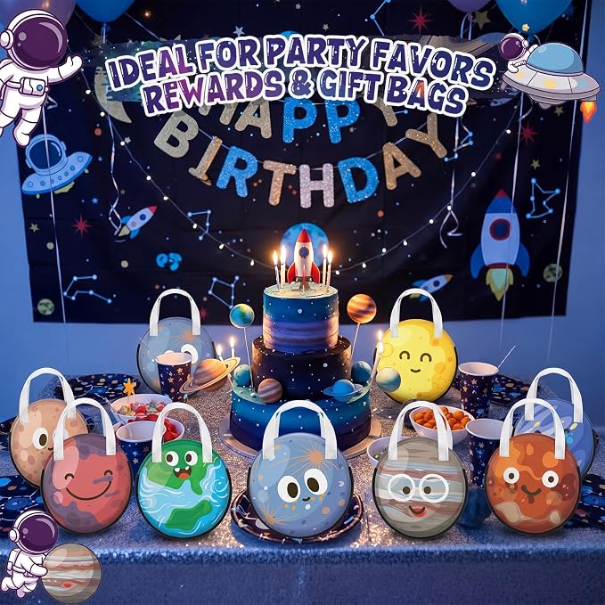 Locmeo 24 Pcs Outer Space Party Favor Bags 11 Inch Space Birthday Gift Bag Nonwoven Reusable Tote Bags with Handle for Goodie Snack Treat Outer Spaces Planet Party Supplies Birthday Gift Decoration