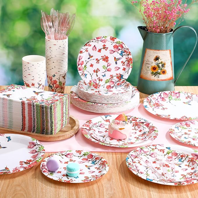 Sinmoe 400 Pcs Summer Hummingbird Floral Plates and Napkins Set Flower Dinnerware Disposable Party Supplies for 50 Guest Dinnerware Knife Fork Spoon for Summer Hummingbird Birthday Party Decoration