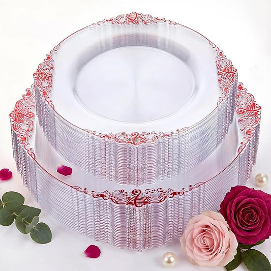 Nervure 100PCS Clear and Red Plastic Plates - Clear Red Disposable Plates Set, 50PCS 10.25" Dinner Plate & 50PCS 7.5" Dessert Plate Perfect for Wedding & Party & Mothers Day