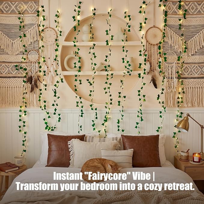 Bexdir 200 LED Vine Lights for Bedroom Decoration, 6.6x6.6ft Pre-Assembled Hanging Fake Vines with Fairy Lights Plug in, Aesthetic Artificial Ivy Curtain Lights for Room Wall Decor, Remote Included
