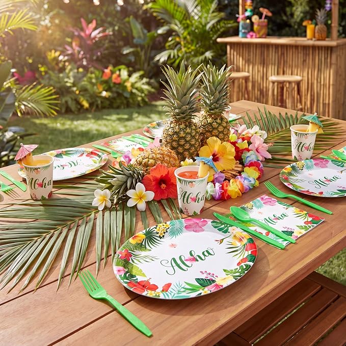 Pajean 350 Pcs Summer Hawaiian Party Supplies Luau Oval Plates and Napkins Set Palm Leaf Aloha 12 in Disposable Tropical Heavy Duty Paper Tableware Set for 50 Guests Summer Luau Beach Party Supplies