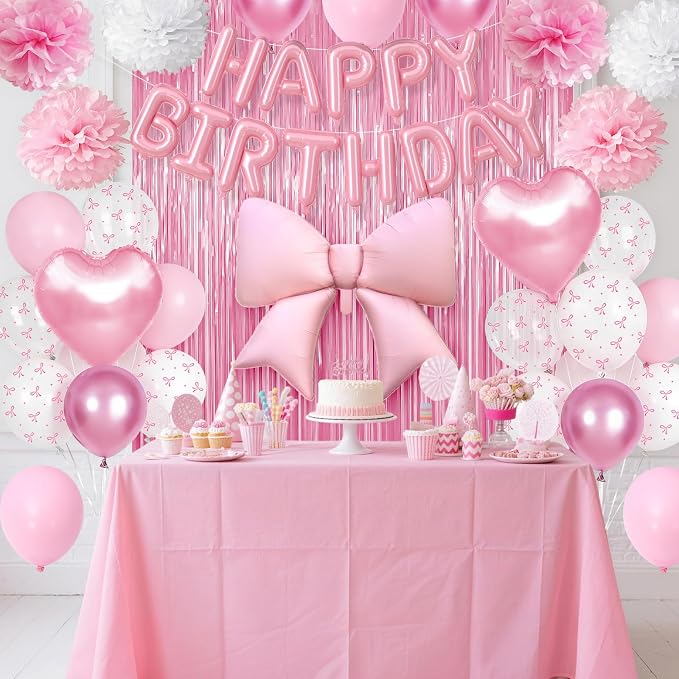 Pink Bow Birthday Decorations for Women Girls, Happy Birthday Balloon Banner with Bow and Heart Foil Balloons Fringe Curtain Tissue Paper Pompoms Garland Party Supplies