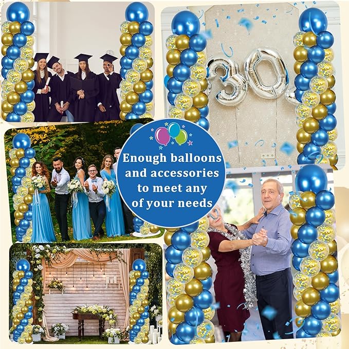 2 Sets Metallic Blue and Gold Balloon Column Stand Kit with 100 Balloons Adjustable Balloon Tower Stand with Bases for Floor Navy Blue Gold Balloon Column Kit for Graduations Summer Birthday Decor