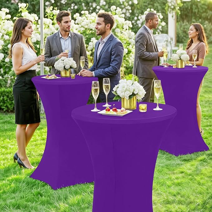 Moosfor Spandex Cocktail Table Covers 4 Pack, Elastic Fitted Stretch Table Cloth, Round High Top Tablecloths for Bar, Party, Pub, Wedding & Banquet (Purple, 32x43 Inch)