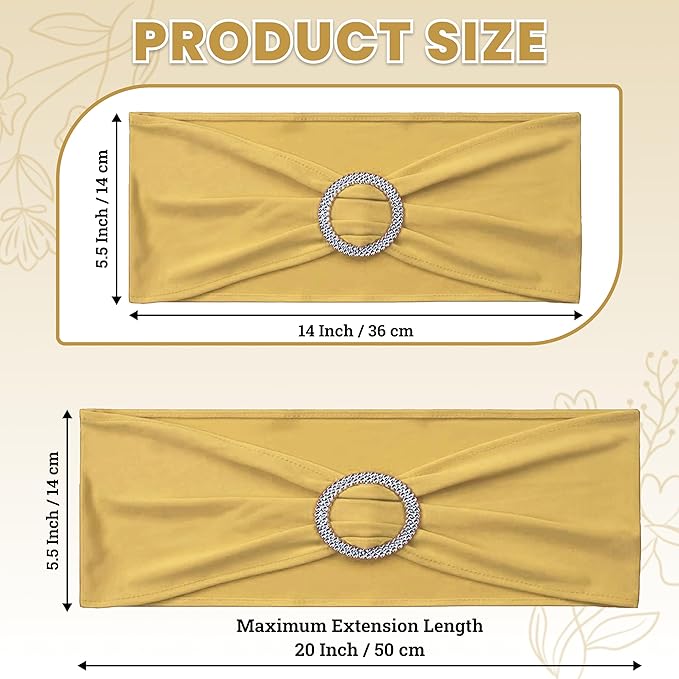 MDS Pack of 50 Spandex Chair Sashes Bow Premium Stretch Chair Cover Band with Buckle Slider Universal fits Elastic Dining Chair Ties for Wedding Party Banquet Events Decoration - Gold