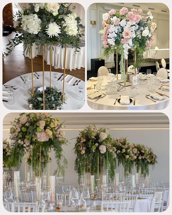 YALLOVE 2 Pack 23.75 Inch Gold Wedding Flower Stand Metal Vase Column Stand Geometric Centerpiece Vase for Home Party Wedding Decorations, Rectangular Flower Display Rack