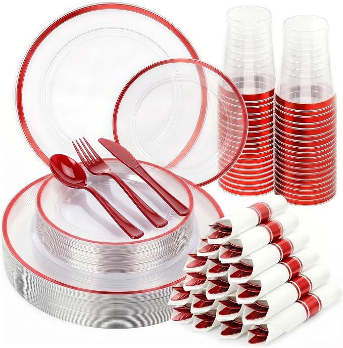 350pcs Plastic Plates for Party Clear & Red | Disposable Plastic Dinnerware Set for 50 Guests Include 100 Plastic Plates,50 Cups & 50 Pre Rolled Napkins with Cutlery Set