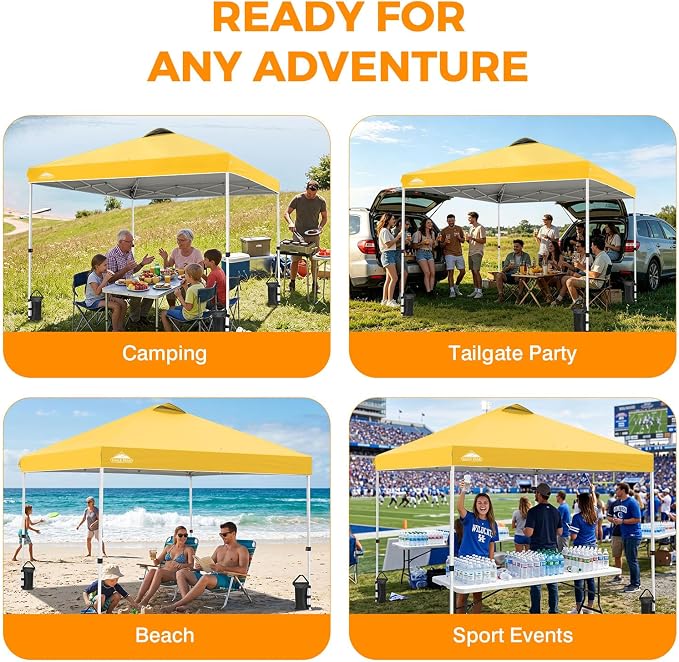 EAGLE PEAK Pop Up Canopy Tent with Wheeled Carry Bag, 8 Stakes, 4 Ropes, 4 Weight Bags, Easy Set Up Tent Canopy, 10x10 ft, 100sqft of Shade, Yellow