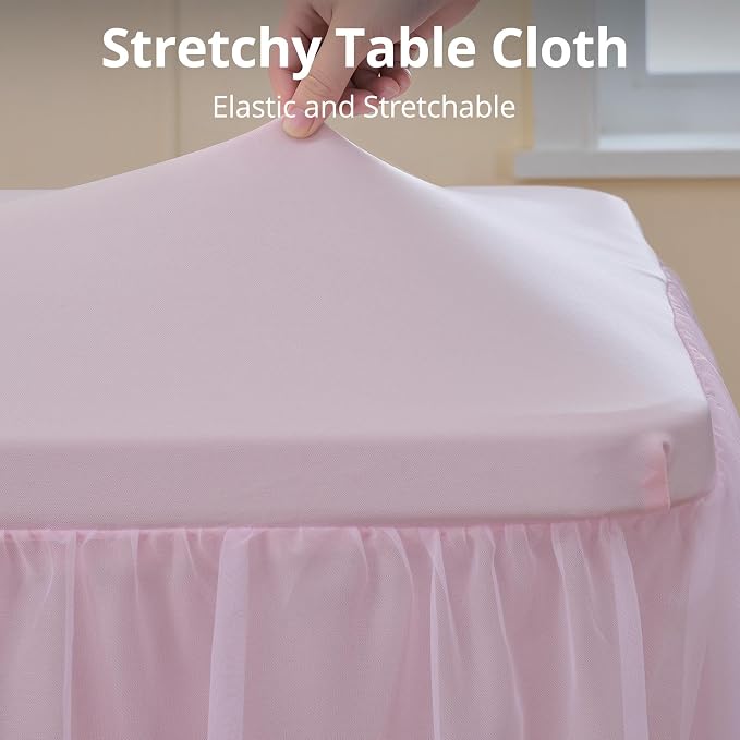 leegleri 2 pk 8ft Light Pink Tulle Tablecloth for Rectangle Tables, 2-in-1 Table Covers with Tulle Skirt,Wrinkle Free Stretchy Ruffle Tulle Table Cloths Fitted for Wedding Party Banquet Vendor