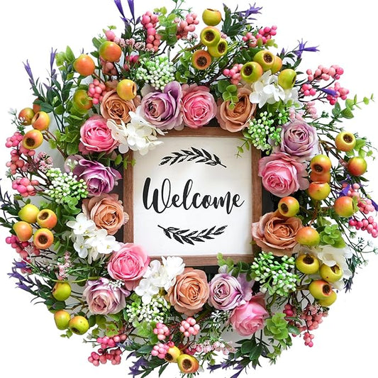 Bibelot Spring Summer Wreath for Front Door, 20inch Artificial Berries and Colorful Flower Wreaths with Welcome Sign, Spring/Summer Greenery Wreath for Front Door Wall Window Festival Decor