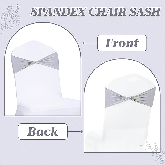MDS Pack of 100 Spandex Chair Sashes Bows Elastic Stretch Dining Chair Bands Ties Without Slider Buckle Universal fits for Wedding Baby Shower Birthday Party Banquet Event Decoration - Light Silver