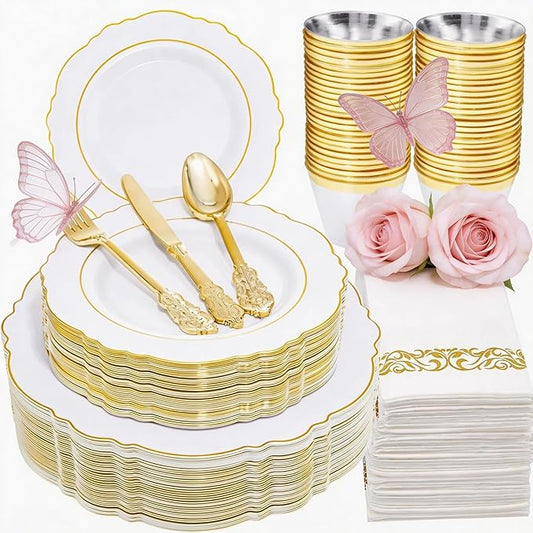 WDF Partyware 350 Pieces Gold Disposable Plates for 50 Guests, Plastic Plates for Party, Dinnerware Set of 50 Dinner Plates, 50 Salad Plate, 50 Spoons, 50 Forks, 50 Knives, 50 Cups for Mother's Day