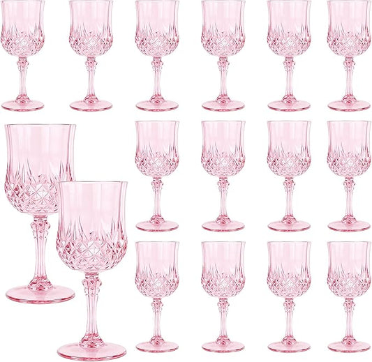 Plastic Wine Glasses, 10OZ Reusable Goblets Vintage Style Cordial Unbreakable Drinking Glasses for Wedding Reception, Grand Event Party Supplies,Mother's Day (16, Pink)