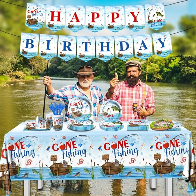 142 Pcs Gone Fishing Tableware,Fishing Birthday Party Decoration Little Fisherman Gone Fishing Themed Disposable Tablecloth,Plates,Napkins Cups Forks and Knives Supplies of Fishing Birthday Party