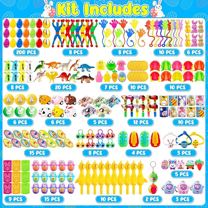 [ 6 Surprise Golden Eggs ] 200Pcs Prefilled Easter Egg with Assorted Toys, Bulk Plastic Easter Eggs Fillers for Kids, Basket Stuffers,Egg Hunt Party Favors Classroom Prizes Supplies for Boys Girls