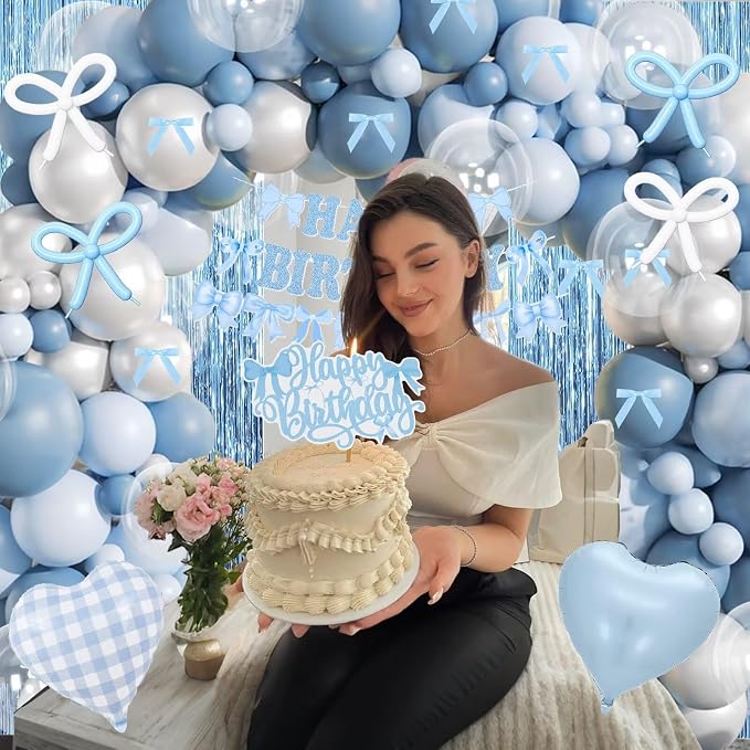 Dusty Blue Bow Birthday Decorations, Coquette Bow Blue White and Clear Balloons with Happy Birthday Banner Fringe Curtain Cake Toppers for Women Girls Baby Shower Party Supplies