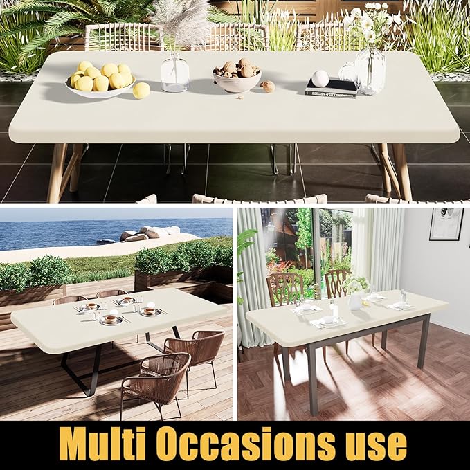Smiry 3 Pack Rectangle Table Cloth, Elastic Fitted Flannel Backed Vinyl Tablecloths for 6ft Folding Tables, Waterproof Wipeable Table Covers for Indoor, Outdoor, Camping and Picnic (Beige, 30"x72")