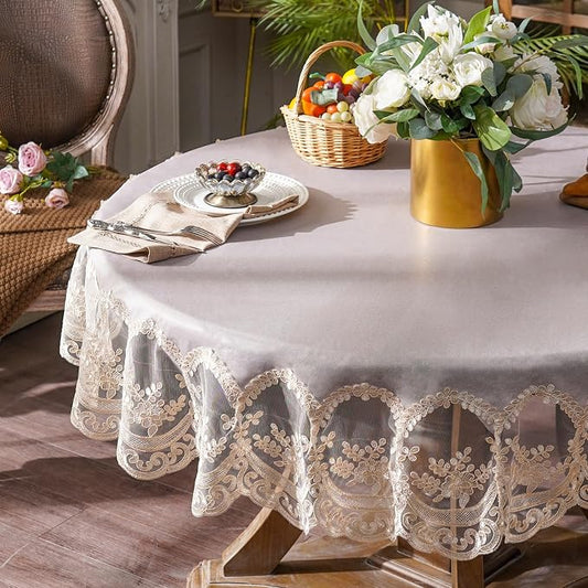 ARTABLE Vinyl Tablecloth Rectangle Waterproof Lace Table Cover with Exquisite Macrame Border for Wedding Kitchen Holidays Party Decor (Champagne, 60 Inch Round)