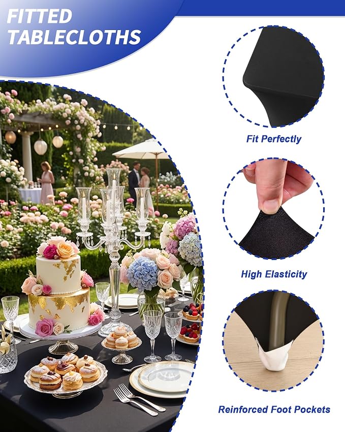 Fixwal Black Tablecloths for 8 Foot Rectangle Tables, 4 Pack Spandex Stretch Fitted Table Covers for Party, Trade Show, Banquet, Wedding, Buffet