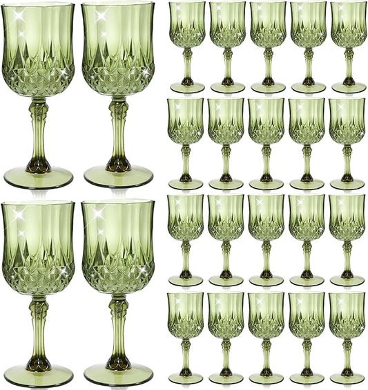 CHLJAR 24 Pcs Plastic Vintage Green Wine Drinking Glasses, 7oz Plastic Water Goblets Green Reusable Drinkware Vintage Unbreakable Champagne Glassware for Wedding Reception Grand Event Party
