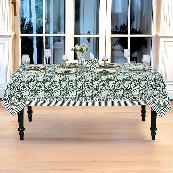 Ridhi Pantone Artichoke Hand Block Print Cotton Rectangle Tablecloth 160" x 72" inches Reusable Table Cover Decorative Everyday Use for Dining Room, Farmhouse, Home Gift for Spring, Mother's Day
