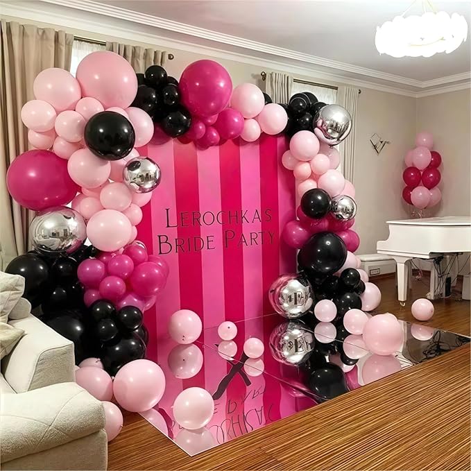 Pink and Black Balloon Arch Kit, 115Pcs Pastel Hot Pink Black White with Explosion Star Foil Latex Balloon Garland for Girls Women Birthday Theme Baby Shower Party Decorations
