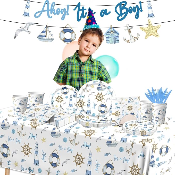 Ahoy Nautical Baby Shower Decorations Tableware - 142pcs Its A Boy Plates and Napkins Supplies, Party Dinnerware Tablecloth for Sailor Theme Decorations