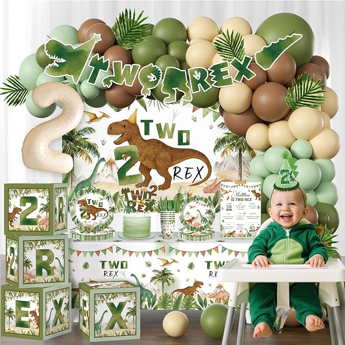 cocomigo 237pcs Two Rex Birthday Decorations Boy Complete Party Set, Dinosaur Birthday Decorations 2, Serves 20 Guests, 2 Year Old Party Decor Boy, 2nd Party Decor for Boys