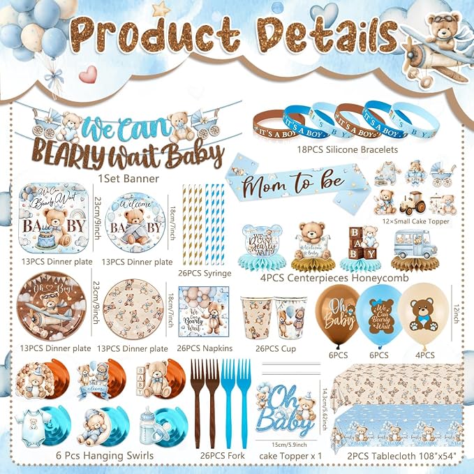 Blue Bear Baby Shower Decorations for Boy We Can Bearly Wait Baby Shower Plates and Napkins Tablecloth Banner Toppers Bracelets Sash Honeycombs Balloons for Boy Baby Shower Party Supplies Serve 26