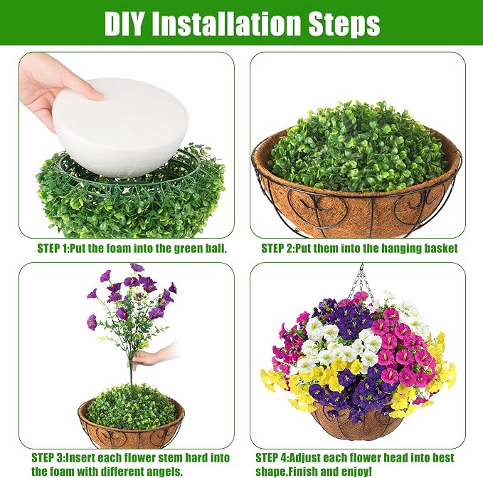 Artificial Flowers for Outdoors with Baskets Hanging Plant Faux Flowers UV Resistant Fake Silk Morning Glory with Eucalyptus for Planter Porch Garden Home Spring Summer Decoration(Mixed 4 colors)
