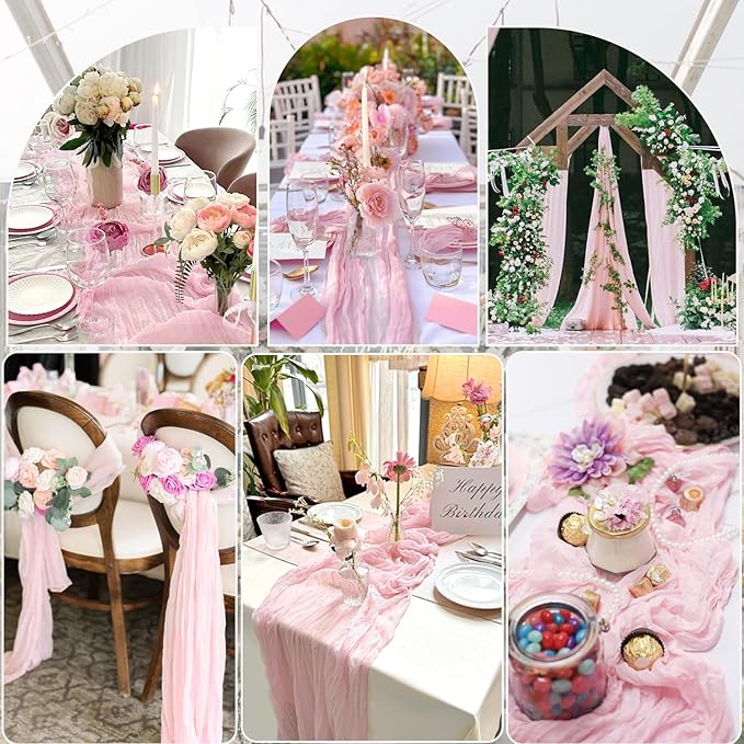 6 Pack Light Pink Table Runner Cheese Cloth Summer Rustic Sheer Gauze Cheesecloth Table Runner 120 Inch 10 FT for Wedding Baby Shower Bridal Shower Party Home Decorations
