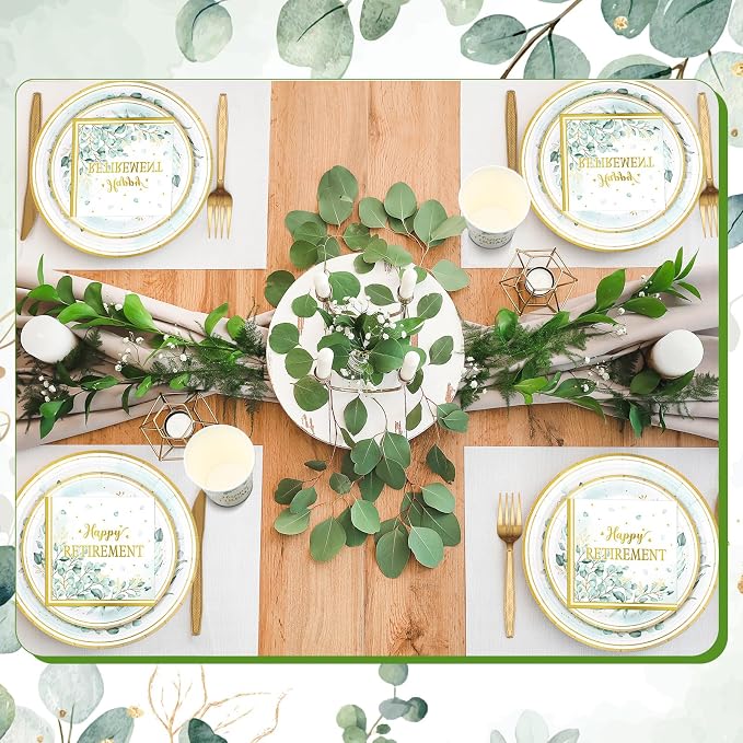 Yungyan 252 Pcs Sage Green Retirement Party Tableware Set Happy Retirement Plates Napkins Cups Forks Knives Spoons for Retired Party Decoration Favors 36 guests