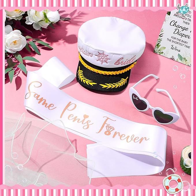JaGely Bride Captain Hat with Veil, Bachelorette Sash & Sunglasses for Bridal Shower Bachelorette Party Decor Accessories(Funny Style)