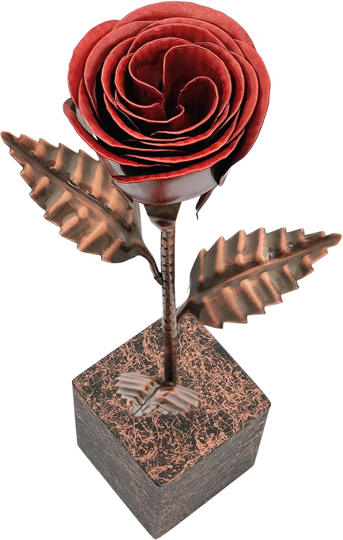 Bronze Anniversary Rose – 8th & 19th Wedding Anniversary Keepsake – Solid Copper Rose with Deep Red Bloom – 12 Inch Handcrafted Flower