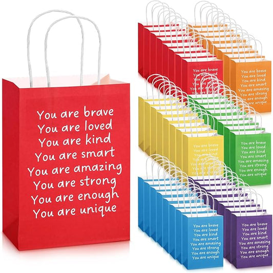 Coume 48 Pcs Inspirational Gifts Bags with Handle Employee Coworker Appreciation Goodie Paper Handbags for Graduation Birthday Party Kraft Thank You Bags Classroom, 5.9 x 3.15 x 8.27 Inch (Classic)