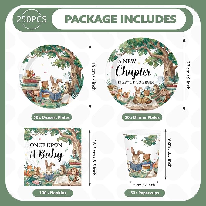 250Pcs Storybook Baby Shower Party Decorations A New Chapter is About to Begin Baby Shower Plates and Napkins Set for Storybook Forest Animal Theme Newborn Celebration Party Supplies Serve 50