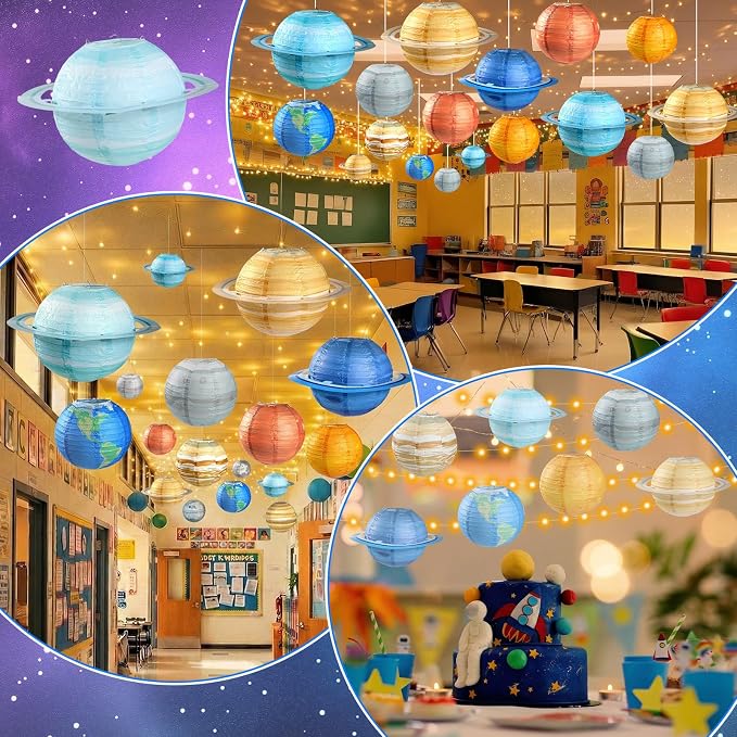 Space Planet Hallways Ceiling Lights Decoration 12in Solar System Paper Lanterns with 65ft LED String Lights Out of This World Outer Space Party Decors for Kids Outer Theme Birthday Home Room Decor