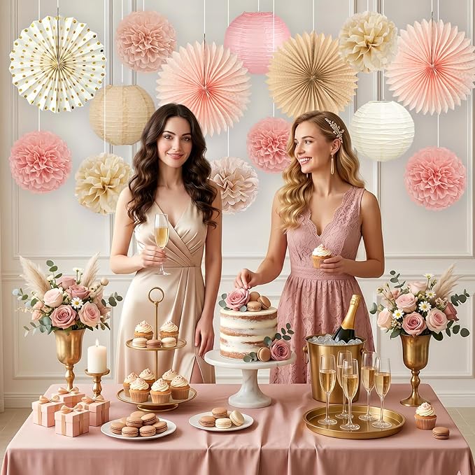 ADLKGG Champagne Gold Pink Party Decorations, 14 Pcs Hanging Paper Fans, Lanterns, Pom Poms, Neutral Boho Backdrop for Baby Shower, Birthday, Bridal Shower, Wedding, Spring Party
