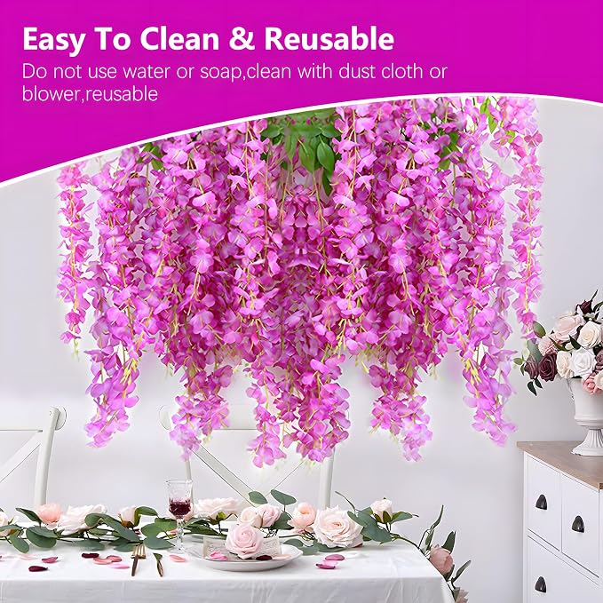 12 Pack Purple Red Wisteria Hanging Flowers, 3.77 Ft Fake Hanging Flowers, Artificial Wisteria Garland Vines for Wedding Room Backdrop Outdoor Patio Garden Decoration