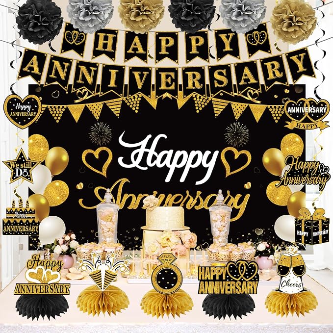 Turypaty Happy Anniversary Decorations Kit - Black Gold Wedding Party Supplies - Large Banner, Backdrop, Table Centerpieces, Hanging Swirl, Paper Pompoms Decors